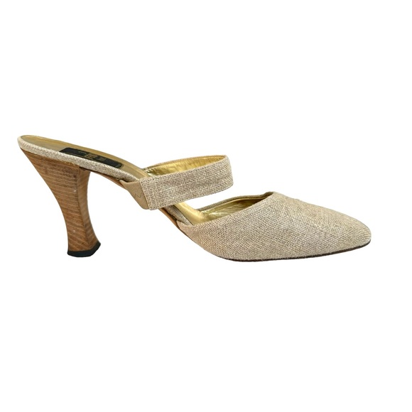 FENDI Metallic Gold Neutral Canvas Leather Heeled Mules Women’s Size 8.5 - Picture 11 of 17